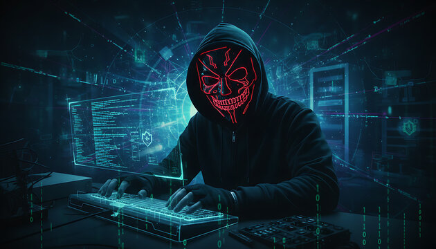 Scary red skull mask and hoodie hacker with some tech wave line background. Cybercrime anonymous Threat