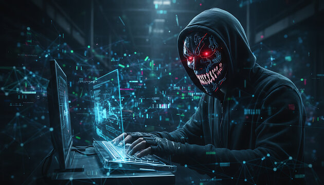 Anonymous scary hacker with red glowing eyes and his skull with dark hoodies hacking the internet. Cybercrime threat.