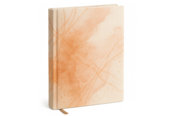 Hardcover diary or planner standing on a transparent background, showcasing a pastel orange and beige watercolor pattern with fine lines