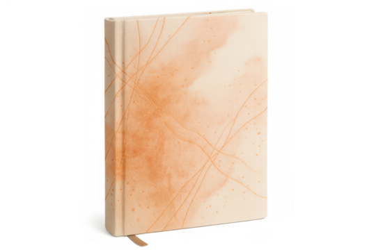 Hardcover diary or planner standing on a transparent background, showcasing a pastel orange and beige watercolor pattern with fine lines