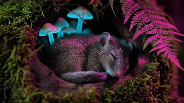 Enchanted Slumber: Dormouse Napping in a Magical Forest Log