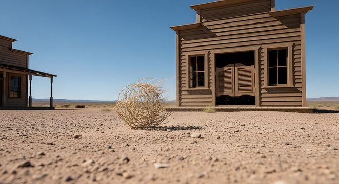 Tumbleweed rolls past a western saloon on a desert landscape under a clear blue sky