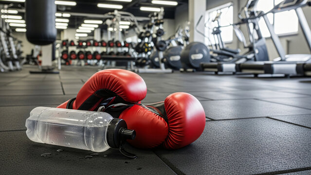 Boxing gloves and water bottle in gym. - Powered by Adobe