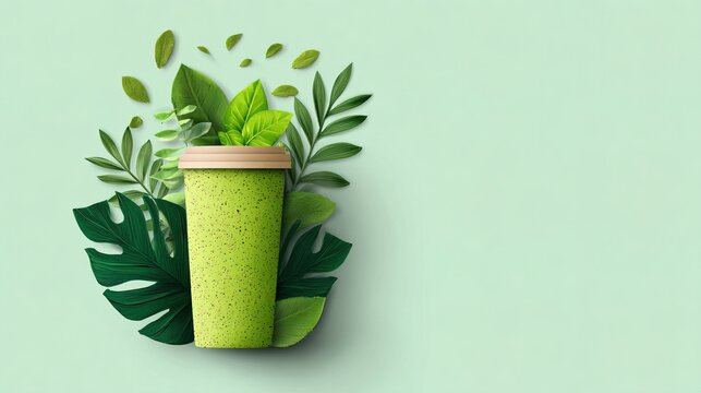 A vibrant green cup is surrounded by various fresh leaves on a soft light green background, symbolizing nature and sustainability in a modern design