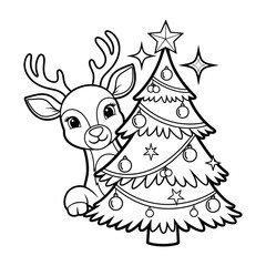 Naklejka premium Cute cartoon reindeer peeking from behind a decorated christmas tree with stars