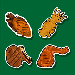 Grilled seafood and meats sticker set