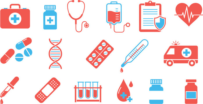 Large Collection of Modern Healthcare and Medical Service Icons Set, Including First Aid, Stethoscope, DNA, Pills, and Ambulance Flat Vector Illustration
