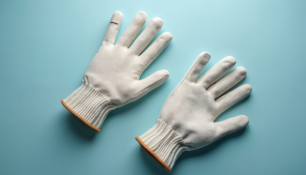 Pair of white work gloves with textured palms and reinforced fingertips. They lie on a plain blue studio background. These gloves offer protection and a good grip for manual labor.