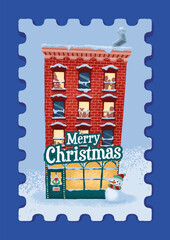 Vintage Christmas stamp with a building