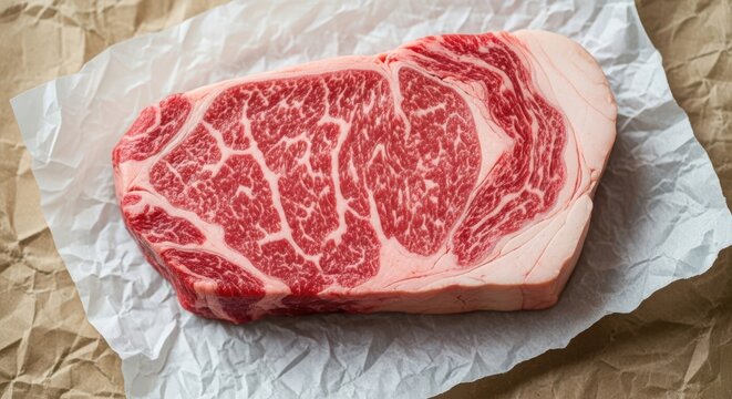 A thick, marbled raw beef steak, likely a ribeye cut, on crumpled brown paper