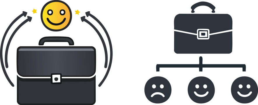 Client satisfaction icon displaying smiley face above briefcase representing strong positive customer relationship values