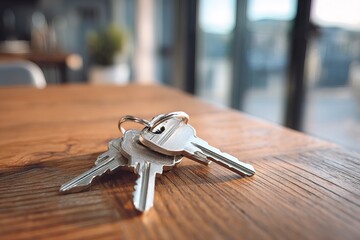 close-up set of shiny keys is placed on a smooth wooden table. Natural light fills the bright room, highlighting details of the keys and the texture of the wood