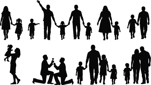 Silhouette families walking together with parents and children, romantic proposal couple, loving family moments showing unity, affection, bonding and relationship illustration