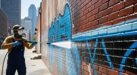 Man Pressure Washing Graffiti off Brick Wall