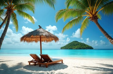 Turquoise sea meets white sand beach with palm trees. Sun umbrella shades beach chairs. Tropical island plants in background. Paradise for relax, summer vacation under blue sky.