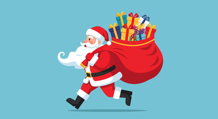 Cartoon Santa Claus running with a large sack full of colorful Christmas presents.