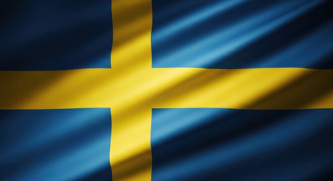 The national flag of sweden, a blue nordic cross with a yellow cross extending to the edges of the flag, with light rays