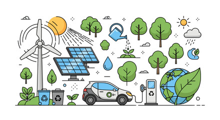Vector illustration showing renewable energy sources and eco-friendly practices for environmental sustainability.