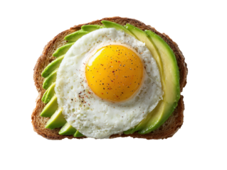 Delicious avocado toast topped with a sunny side up egg on brown bread served on a clean white background