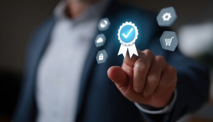 Business professional tapping digital quality badge icon representing certification and trust service, modern technology interface with shopping cart and security icons conveying assurance
