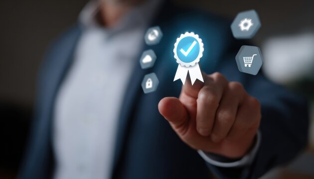 Business professional tapping digital quality badge icon representing certification and trust service, modern technology interface with shopping cart and security icons conveying assurance