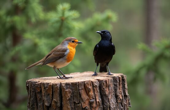 Robin redbreast and blackbird stand on tree stump. Birds look at each other in forest. Robin has orange breast, brown wings. Blackbird is black with grey beak.