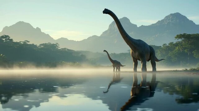 Long‑necked sauropod dinosaurs wading at a misty lakeshore at sunrise, adult and juvenile, mountains mirrored on calm water, prehistoric herbivores, paleontology scene, cinematic wide view