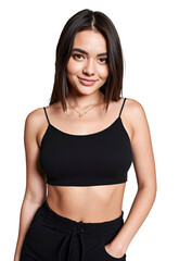 Portrait of a stylish young woman with a black crop top and pants, isolated, transparent background, no background. PNG.