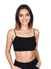 Portrait of a stylish young woman with a black crop top and pants, isolated, transparent background, no background. PNG.