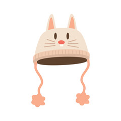 Cute Bunny Ear Flap Hat with Pom-Poms Illustration. Warm Fuzzy Winter Hat. Cold Weather Knit Cap