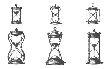 Vintage engraved illustration set of hourglasses for timeless retro design.