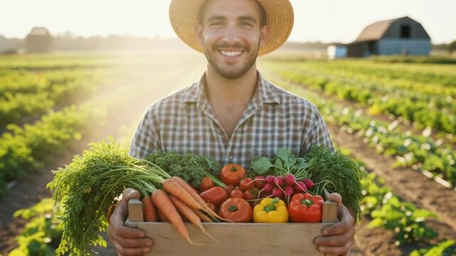 Smiling farmer holding wooden crate of harvested organic vegetables in sunlit field, showcasing farm‑to‑table produce, golden hour portrait with crop rows and rustic barn softly blurred
