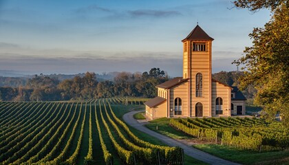 Elegant Wine Estate Building Surrounded by Lush Green Vineyards Under a Warm Golden Sunrise Sky
