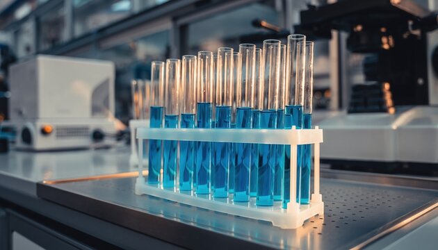 Innovation Unveiled:  A meticulously arranged collection of glass tubes brimming with vibrant, cobalt-blue liquid, set against the backdrop of a modern laboratory.