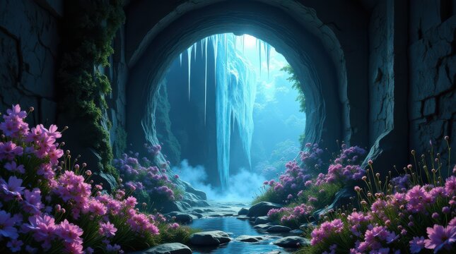 Enchanting Waterfall Grotto with Blooming Flowers.