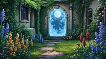 Enchanted Garden Path Leading to a Mystical Moonlit Archway.