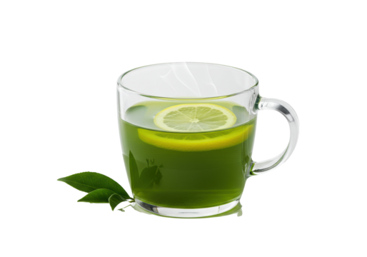 A clear borosilicate glass teacup with steaming emerald matcha tea and a yellow lemon slice on a glossy white ceramic saucer against a transparent void. concept for beverage advertising