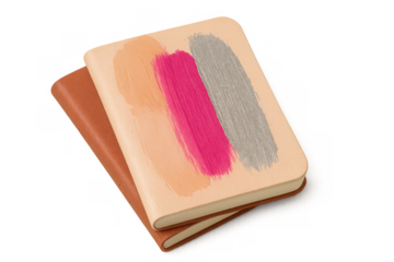 Stacked notebooks displaying artistic brush strokes, expressing creativity, journal writing, and personal style on transparent background