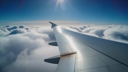 Experience the thrill of flight soaring above fluffy clouds with bright sun overhead, a stunning aerial perspective for travel and adventure themes