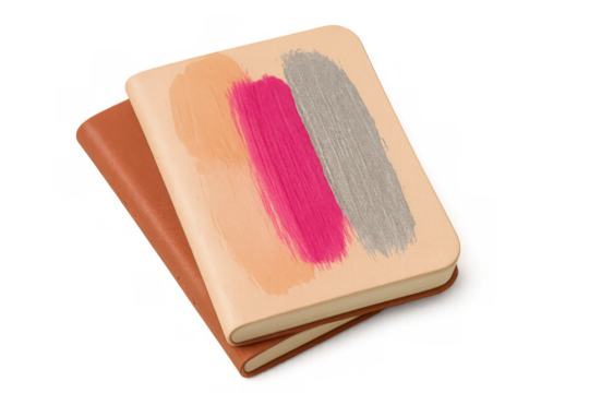 Stacked notebooks displaying artistic brush strokes, expressing creativity, journal writing, and personal style on transparent background