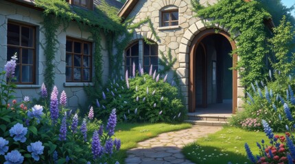 Charming Stone Cottage with Lush Garden and Blooming Flowers.