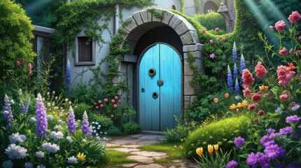 Whimsical Secret Garden with Enchanting Blue Door and Lush Flowers.