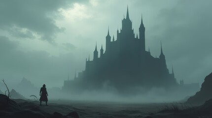 Mysterious Castle in Foggy Landscape with Lone Figure.