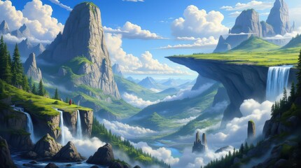 A Majestic Fantasy Landscape with Floating Islands and Waterfalls.