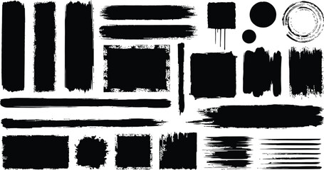 Collection of diverse black grunge paint brush strokes and splatters for artistic design elements