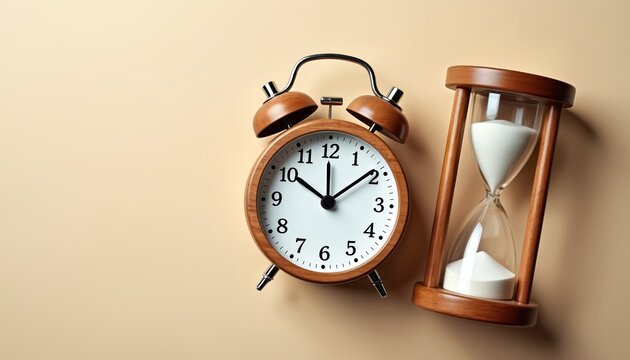 Top view of classic wood alarm clock, hourglass on beige background. Time management concept with vintage timer, sandglass. Deadline, schedule, appointment, countdown reminder with copy space.