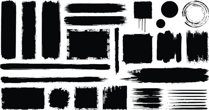 Collection of diverse black grunge paint brush strokes and splatters for artistic design elements
