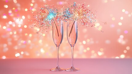 Two champagne flutes filled with colorful confetti and glitter, sparkling against a soft pink bokeh background, symbolizing celebration and festivity