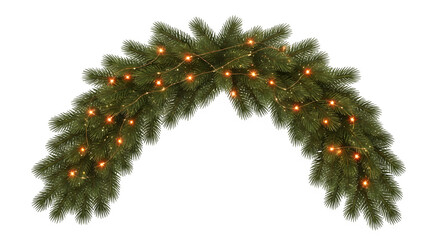 Arch of realistic green fir branches decorated with warm white fairy lights isolated on transparent background