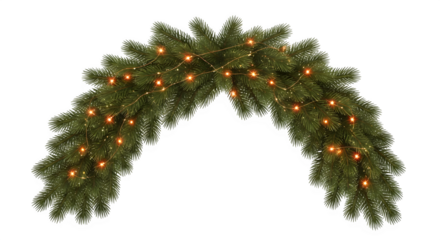 Arch of realistic green fir branches decorated with warm white fairy lights isolated on transparent background